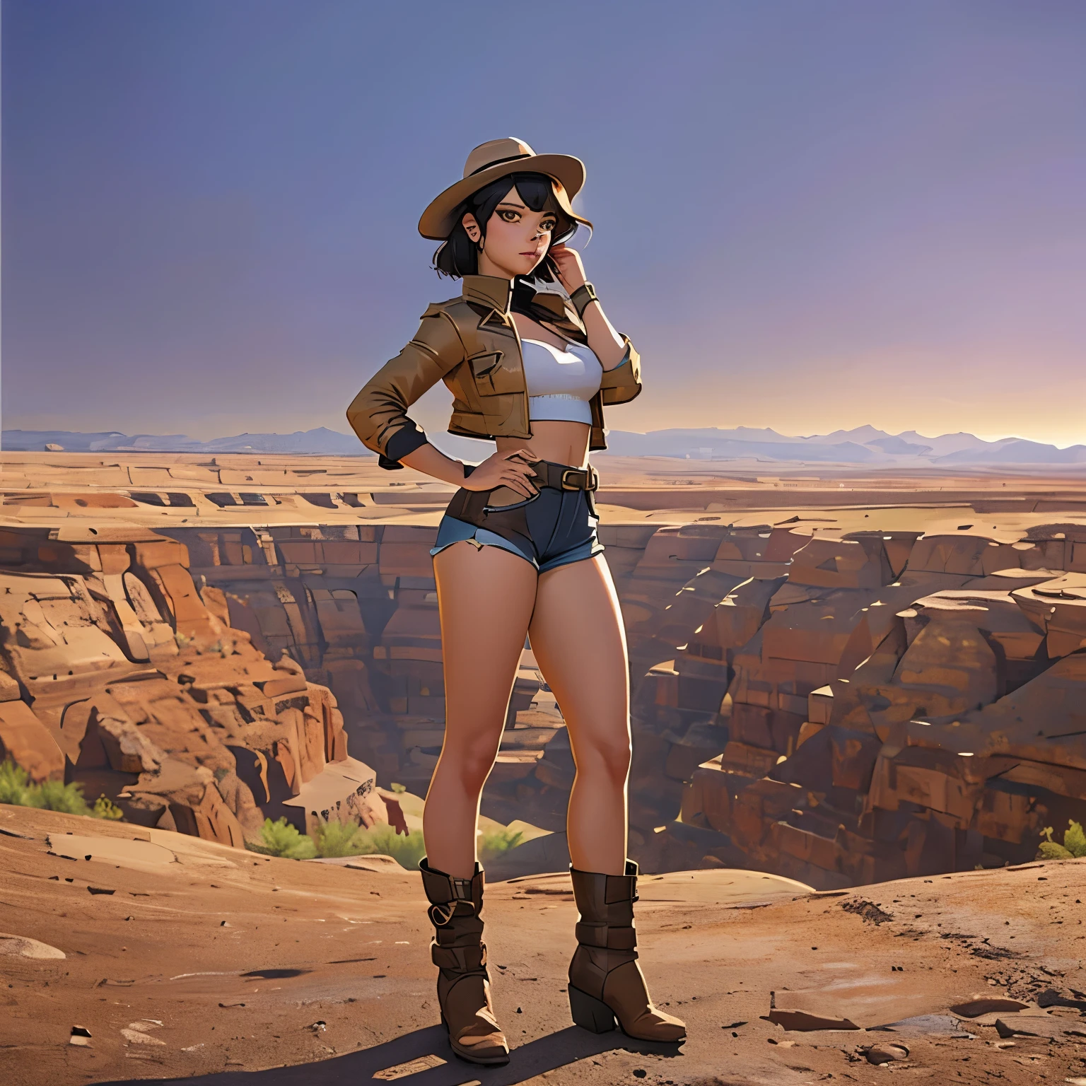 masterpiece, best quality, masterpiece, godlike quality, godlike art, highly detailed face, 1woman. a female gunslinger with short black hair, she wears a brown leather jacket with sleeves rolled up, a purple hat, (((gold eyes))), hotpants, purple bustier. Arizona desert background. Show her on the right standing on a cliff, looking down at a rustic town in the valley below. side view wide shot. full body. show her boots with spurs. curvy
