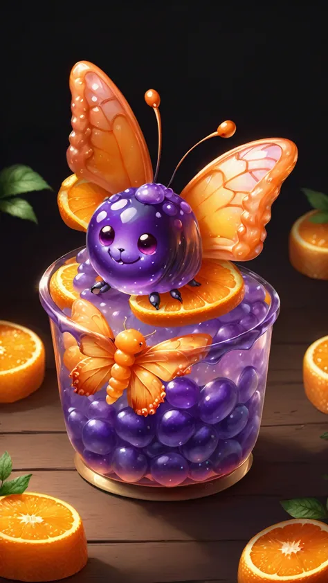 Foodpets Very cute and attractive anthropomorphic jelly butterfly, Orange and purple gradient, Looking at the audience, Macro, M...