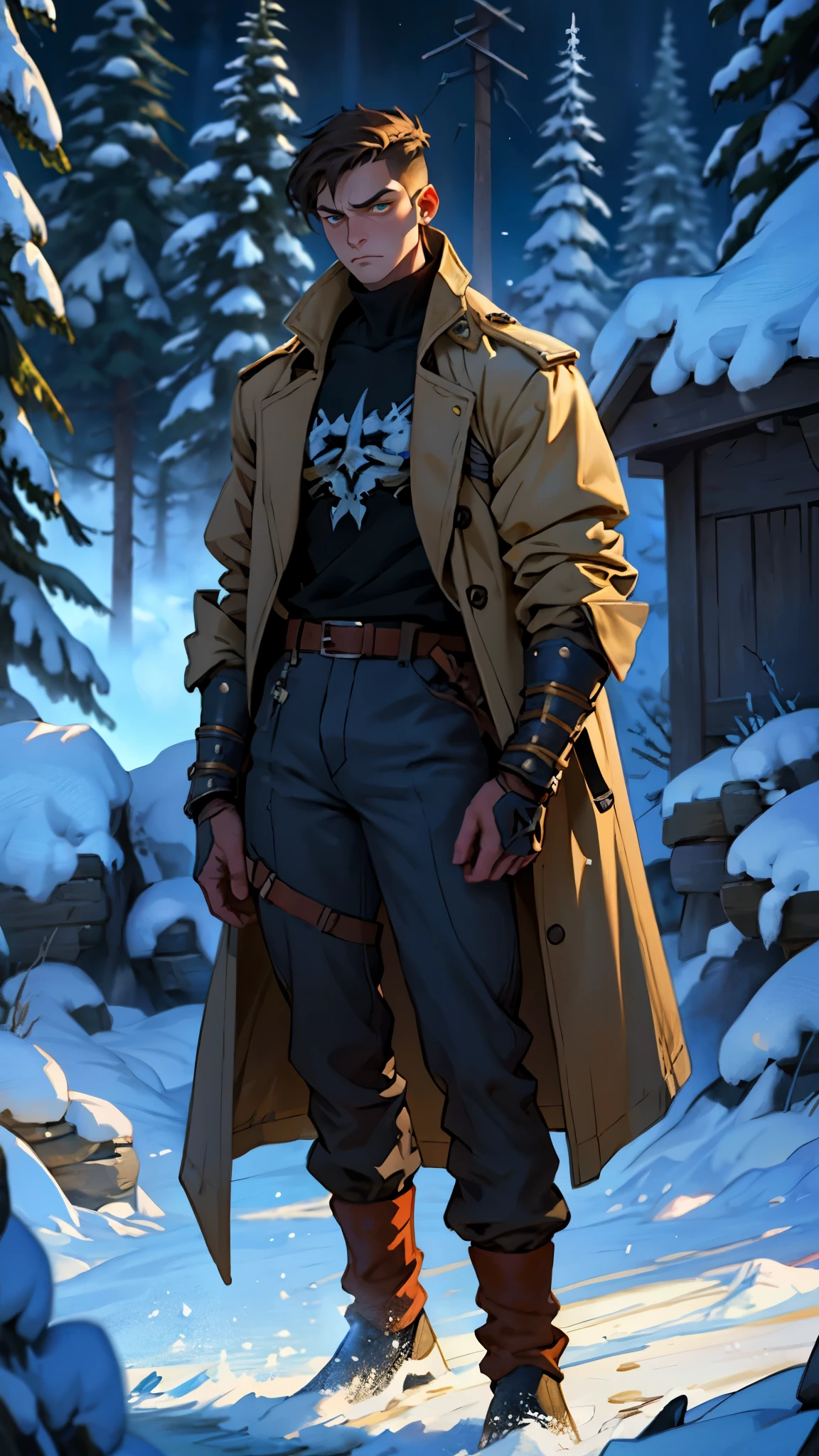 A man with short sandy brown hair, long side-parted bangs, a melancholic gaze, a troubled expression, pale skin, a fantasy-style gray trench coat with a large collar, under which lies leather chest armor, a black belt, worn-out yellowish shoulder pads and wrist guards, utility trousers, the backdrop of a mountain wilderness at night, this character embodies a finely crafted fantasy-style adventurer in anime style, exquisite and mature manga art style, high definition, best quality, highres, ultra-detailed, ultra-fine painting, extremely delicate, professional, perfect body proportions, golden ratio, anatomically correct, symmetrical face, extremely detailed eyes and face, high quality eyes, creativity, RAW photo, UHD, 32k, Natural light, cinematic lighting, masterpiece-anatomy-perfect, masterpiece:1.5
