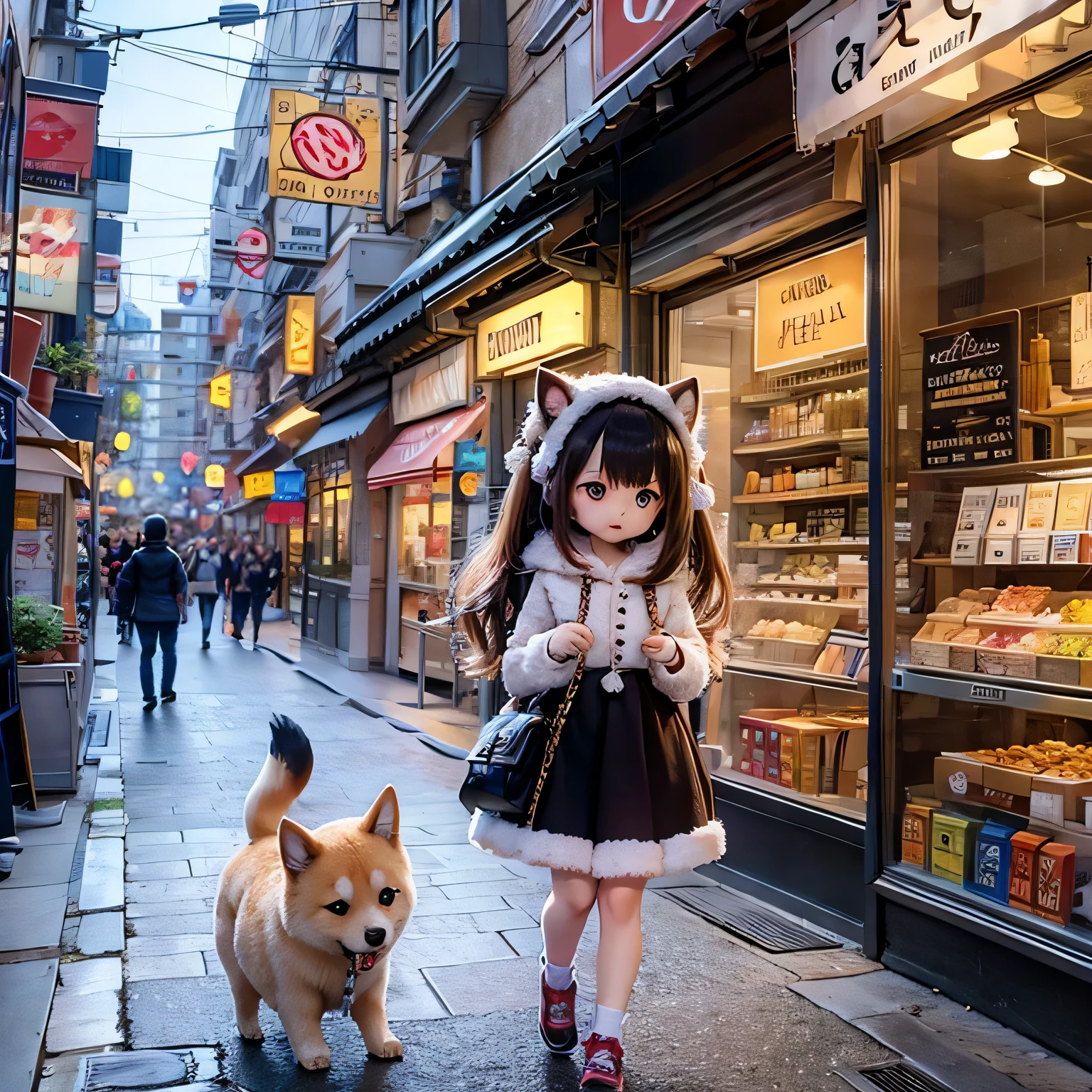 リードをつけて歩く女の子, 柴犬の女の子, ちびショップベイビー, ミックスメディア, 鮮やかな色彩, かわいいシーン, 活気のある雰囲気, 遊び心のある気分, 詳細な表情と目, ふわふわの毛皮, 柔らかく明るい照明, 高解像度のアートワーク, ボケ効果.