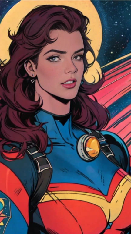 masterpiece,very sharp image,extremely beautiful woman space retro futurism, beautiful face,hi-tech armour over colorful catsuit, long curly hair,in deep space, with several planets and suns in the background, Excellent sense,medium breasts,cleavage,American Comics,(((The Perfect One Woman))),(((one person))),colorful,highly detailed body,highly detailed face,SF,((dynamic angle))