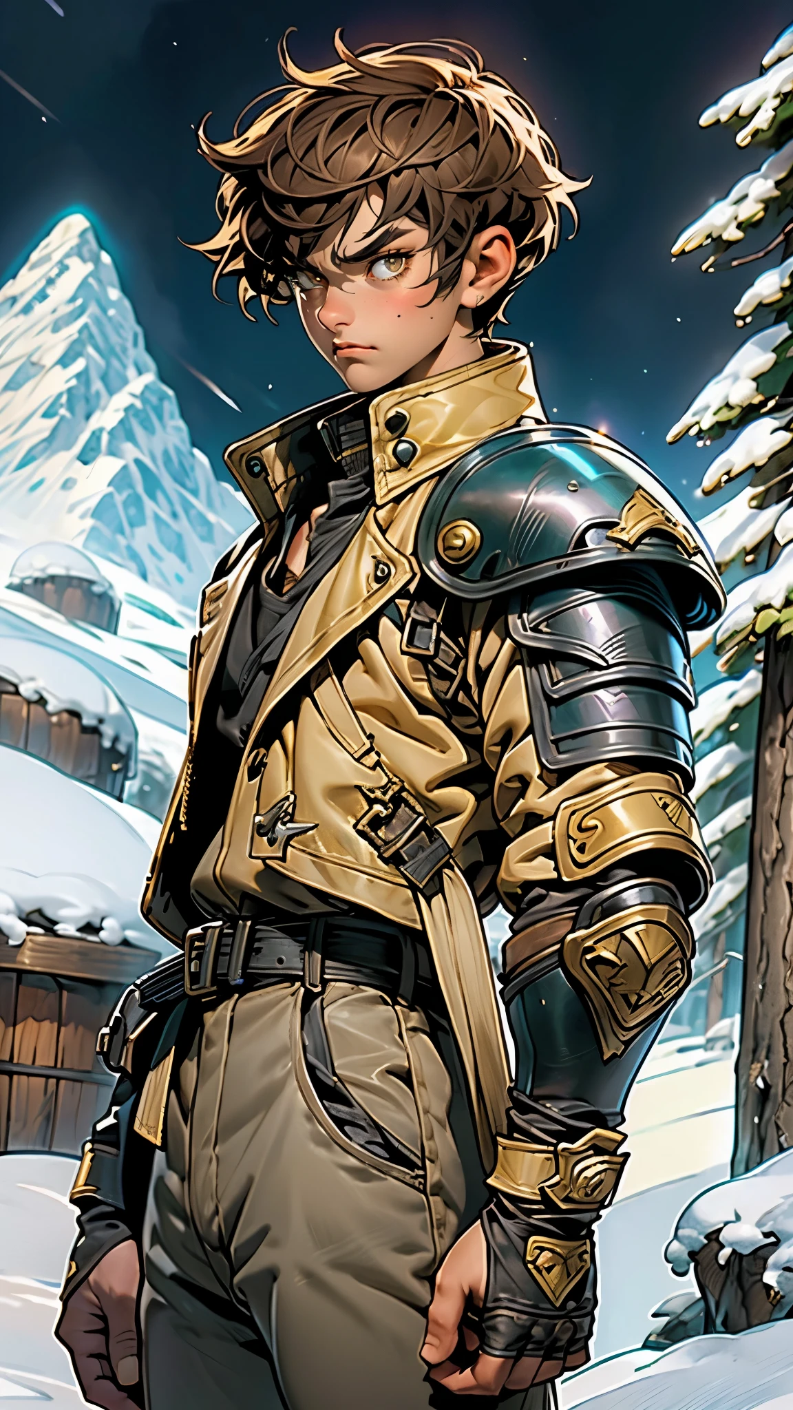 A man with short sandy brown hair, long side-parted bangs, a melancholic gaze, a troubled expression, pale skin, a fantasy-style gray trench coat with a large collar, under which lies leather chest armor, a black belt, worn-out yellowish shoulder pads and wrist guards, utility trousers, the backdrop of a mountain wilderness at night, this character embodies a finely crafted fantasy-style adventurer in anime style, exquisite and mature manga art style, high definition, best quality, highres, ultra-detailed, ultra-fine painting, extremely delicate, professional, perfect body proportions, golden ratio, anatomically correct, symmetrical face, extremely detailed eyes and face, high quality eyes, creativity, RAW photo, UHD, 32k, Natural light, cinematic lighting, masterpiece-anatomy-perfect, masterpiece:1.5