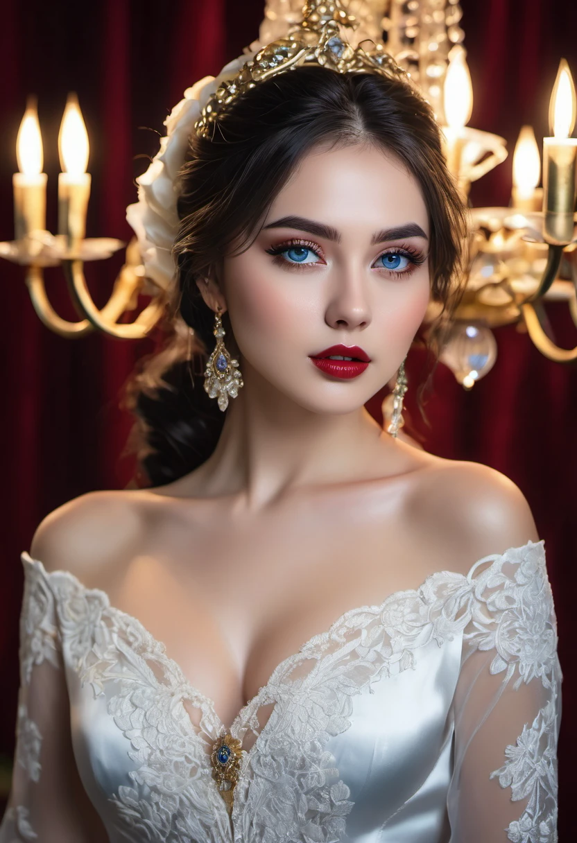 (best quality,4k,8k,highres,masterpiece:1.2),ultra-detailed,(realistic,photorealistic,photo-realistic:1.37),portrait,beautiful detailed eyes,beautiful detailed lips,extremely detailed face,long eyelashes,medium:courtesan outfit,black hair flowing freely,blue eyes shining brightly, sensual body, white satin dress,fine lace details,deep red roses in the background,vintage golden chandelier,subtle candlelight