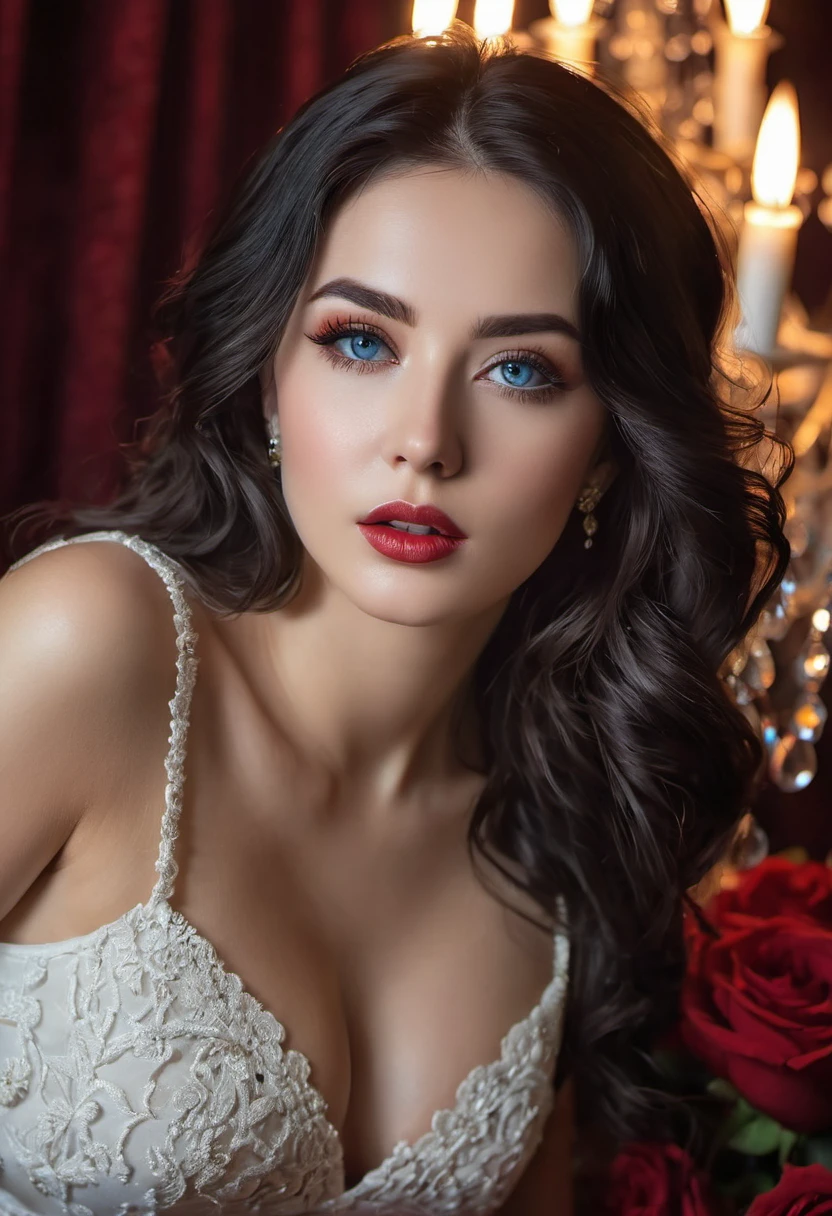 (best quality,4k,8k,highres,masterpiece:1.2),ultra-detailed,(realistic,photorealistic,photo-realistic:1.37),portrait,beautiful detailed eyes,beautiful detailed lips,extremely detailed face,long eyelashes,medium:courtesan outfit,black hair flowing freely,blue eyes shining brightly, sensual body, white satin dress,fine lace details,deep red roses in the background,vintage golden chandelier,subtle candlelight