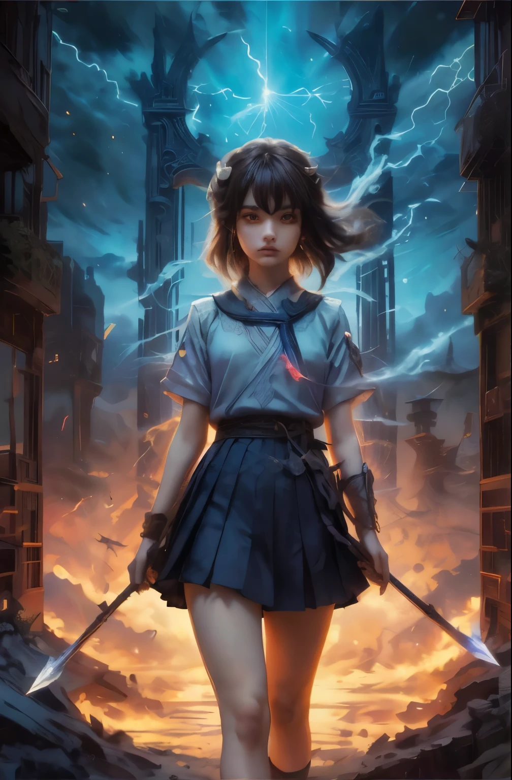 A small cute but frail girl holding a small hunting bow, quiver with arrows on her back, wearing a Japanese school girl uniform, white blouse short blue skirt blue sweater vest, and school insignia, short dark hair, big round brown eyes, standing at the gates of forever, bow and arrows, girlwind chimes, tones of wind, chimes ringing in eternity, dark foreboding planet of sand and ash, hums and chimes with long lost civilizations ghosts, hollows wind, hollow, hallowed, strike the bell, peal the rhyme let lose the thunder on high, crack lightnings whip,digital artwork by Beksinski, traveler through refined beauty and color variation, a peek into the eternal,  temple, (torii:1.2), evening, neon lights, futuristic, elegant, glowing, mysterious, meditation, chaos, destruction, storm, scenic, iconic, midjourney, cyberpunk, neo-tokyo, scifi, looking at viewer, light and dark, life and death, 2-tone body, holding large sword, nodf_lora, surrounded by multiple swords stabbed into the ground,klee (genshin impact)