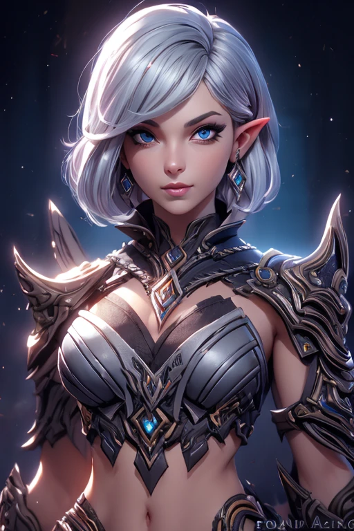 beautiful portait of dark elf female in her 20s with fit body , perfect face feature , (blunt bob short hair), (silver hair color), (blue eyes color), thick kissable lips , thin nose ,pointy ears