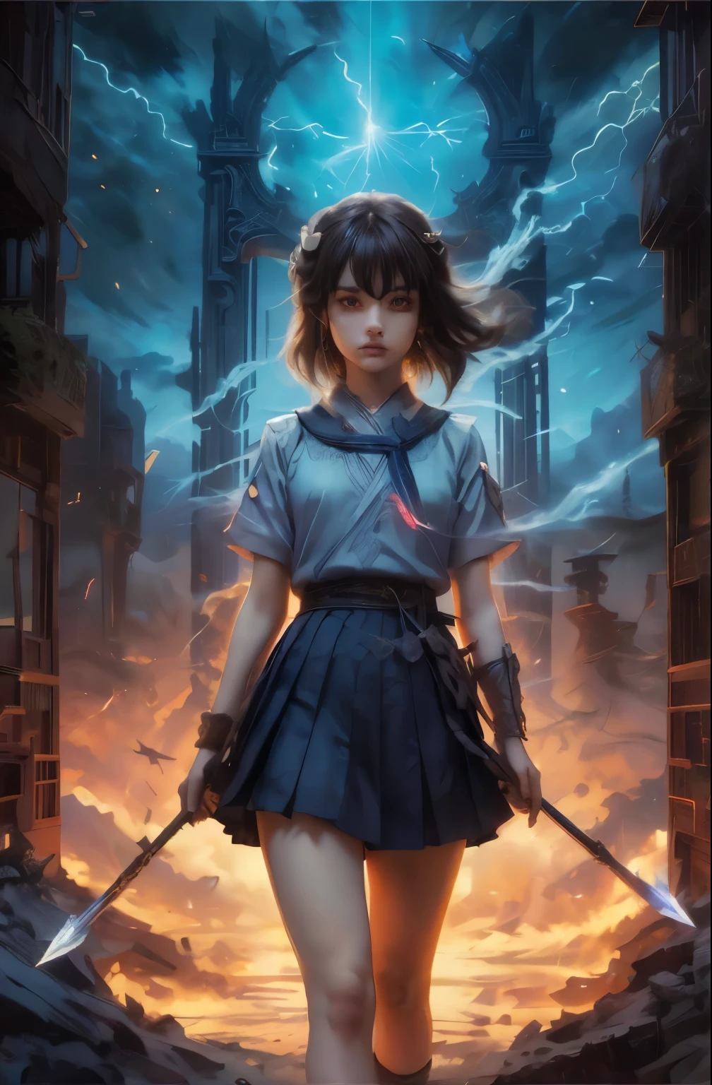 A small cute but frail girl holding a small hunting bow, quiver with arrows on her back, wearing a Japanese school girl uniform, white blouse short blue skirt blue sweater vest, and school insignia, short dark hair, big round brown eyes, standing at the gates of forever, bow and arrows, girlwind chimes, tones of wind, chimes ringing in eternity, dark foreboding planet of sand and ash, hums and chimes with long lost civilizations ghosts, hollows wind, hollow, hallowed, strike the bell, peal the rhyme let lose the thunder on high, crack lightnings whip,digital artwork by Beksinski, traveler through refined beauty and color variation, a peek into the eternal,  temple, (torii:1.2), evening, neon lights, futuristic, elegant, glowing, mysterious, meditation, chaos, destruction, storm, scenic, iconic, midjourney, cyberpunk, neo-tokyo, scifi, looking at viewer, light and dark, life and death, 2-tone body, holding large sword, nodf_lora, surrounded by multiple swords stabbed into the ground,klee (genshin impact)