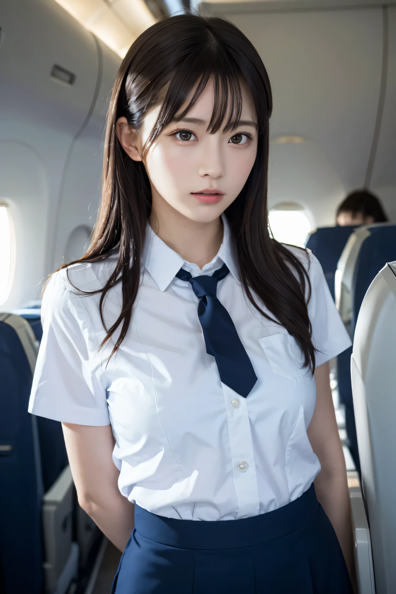 highest quality, masterpiece, 8k, Ultra-high resolution, (Realistic: 1.4), 1 girl, Beautiful Face, Symmetrical eyes, big, Perfect Body Proportions, Stewardess Uniform, Audience&#39;sight, (Inside the plane: 1.2), Front view, Shoulder jumps, Absolute area (1.3),