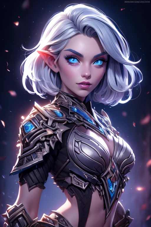 beautiful portait of dark elf female in her 20s with fit body , perfect face feature , (blunt bob short hair), (silver hair color), (blue eyes color), thick kissable lips , thin nose ,pointy ears