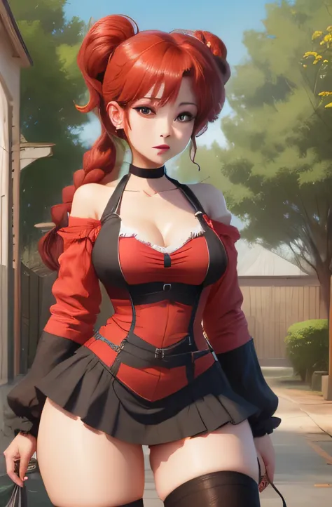 Ranma Saotome. red hair. pigtail. very small saggy breast. Huge hips. choker. A tight mini dress. high stockings