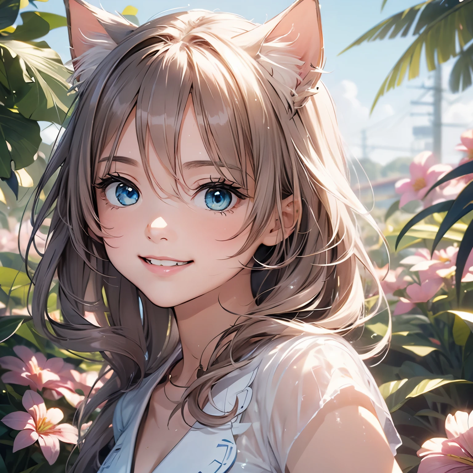 Absurd, Ultra-detailed,Bright colors,(8k:1.5),Masseter muscle area,bright landscape、for that, Blue sky、Very beautifully detailed face and eyes,(deep blue eyes:1.4) valley、Pink skin、Summer Morning、A back alley with lots of flowers blooming、(Cat Pose),(The smile is too cute:1.3)、Double teeth,