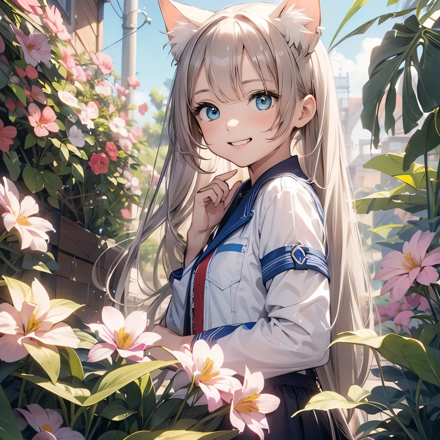 Absurd, Ultra-detailed,Bright colors,(8k:1.5),Masseter muscle area,bright landscape、for that, Blue sky、Very beautifully detailed face and eyes,(deep blue eyes:1.4) valley、Pink skin、Summer Morning、A back alley with lots of flowers blooming、(Cat Pose),(The smile is too cute:1.3)、Double teeth,