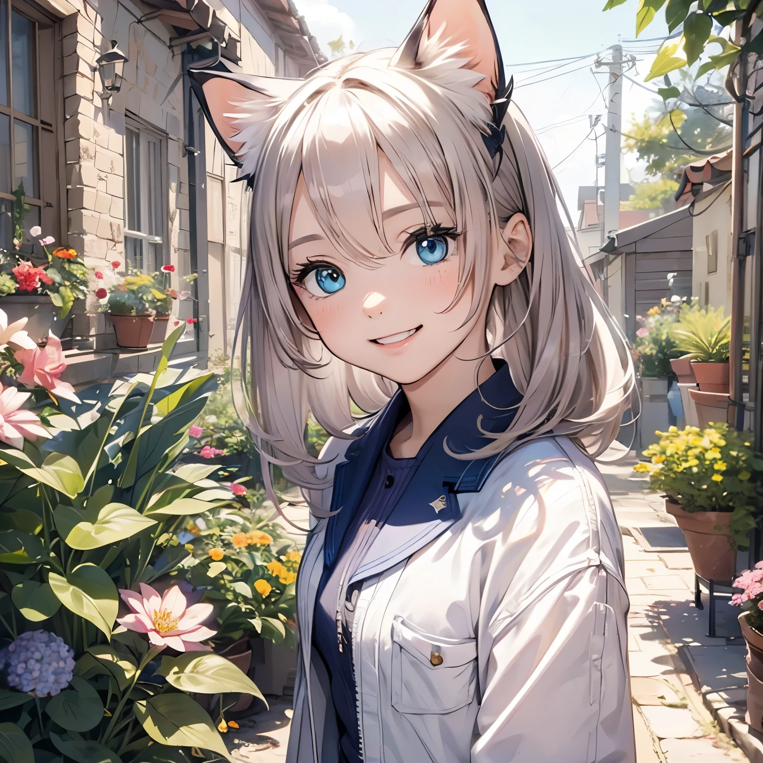 Absurd, Ultra-detailed,Bright colors,(8k:1.5),Masseter muscle area,bright landscape、for that, Blue sky、Very beautifully detailed face and eyes,(deep blue eyes:1.4) valley、Pink skin、Summer Morning、A back alley with lots of flowers blooming、(Cat Pose),(The smile is too cute:1.3)、Double teeth,