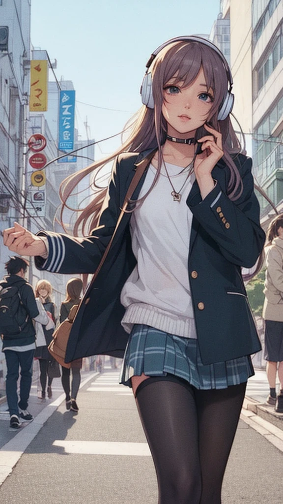 Anime Girls with headphones on walking across a busy city street, Beautiful anime school girl, Lofty Girl, Anime atmosphere, Anime Style 4 k, young Anime Girls, Anime Aesthetics, an Anime Girls, Anime Style illustration, retro Anime Girls, Anime Style. 8k, City Girl Fan Art, Tokyo Anime Scene, Anime Girls, Digital anime illustration, modern Anime Style