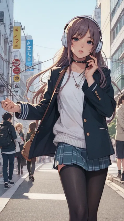 Anime Girls with headphones on walking across a busy city street, Beautiful anime school girl, Lofty Girl, Anime atmosphere, Ani...