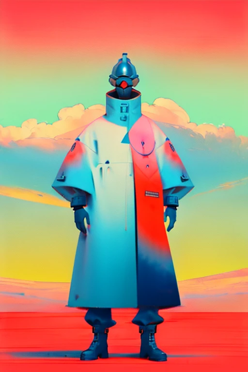 full body image,  (ultra detailed,ultra high res,detailed background),((2D)),((flat color)),((muted color)), 1solo, looking at viewer, white hazmat suit, (big red galoshes), plush collar, full body image, square helmet, ((smokey blue cityscape background)), ((apocalyptic city)), entire body in frame, 