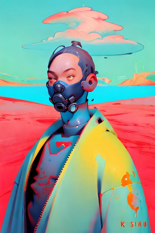 full body image,  (ultra detailed,ultra high res,detailed background),((2D)),((flat color)),((muted color)), 1solo, looking at viewer, white hazmat suit, (big red galoshes), plush collar, full body image, square helmet, ((smokey blue cityscape background)), ((apocalyptic city)), entire body in frame, 