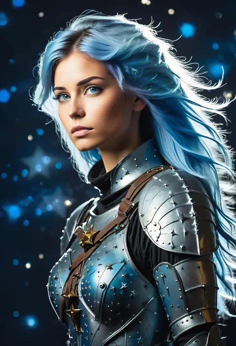 a stylized young caucasian woman warrior ((silhouette)) formed by bright stars. with straight long light blue messy hair. mediev...