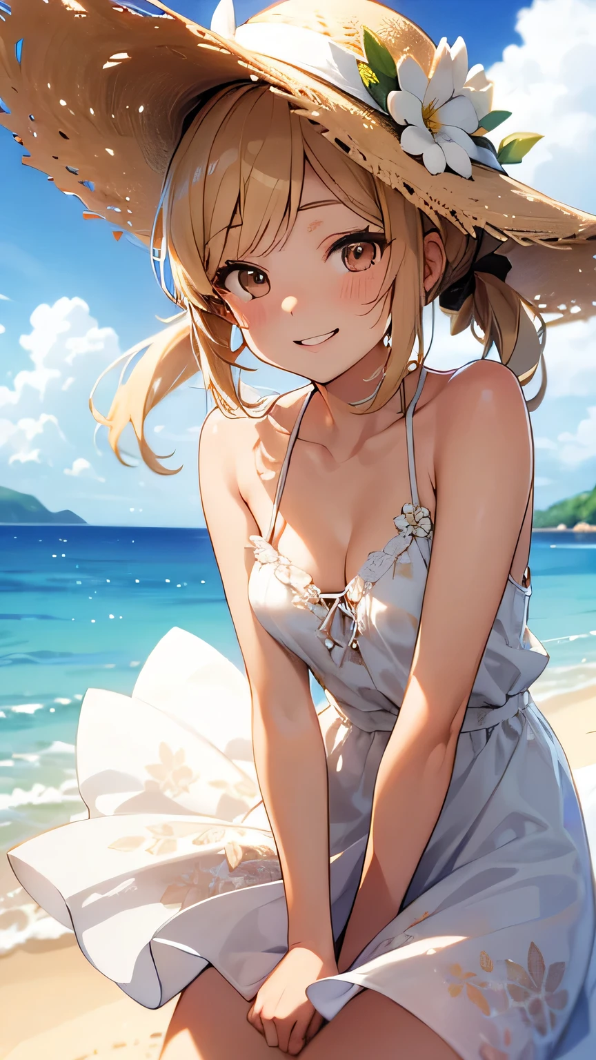 (Best quality, dynamic lighting, highly detailed, HDR) blonde haired young woman, twintailed, cute, pretty, beautiful, brown eyes, skinny, , short, small breasts, white floral summer dress, summer hat, bare shoulder, cleavage, leanjng forward, downblouse, sleeveless, smiling, beach background.