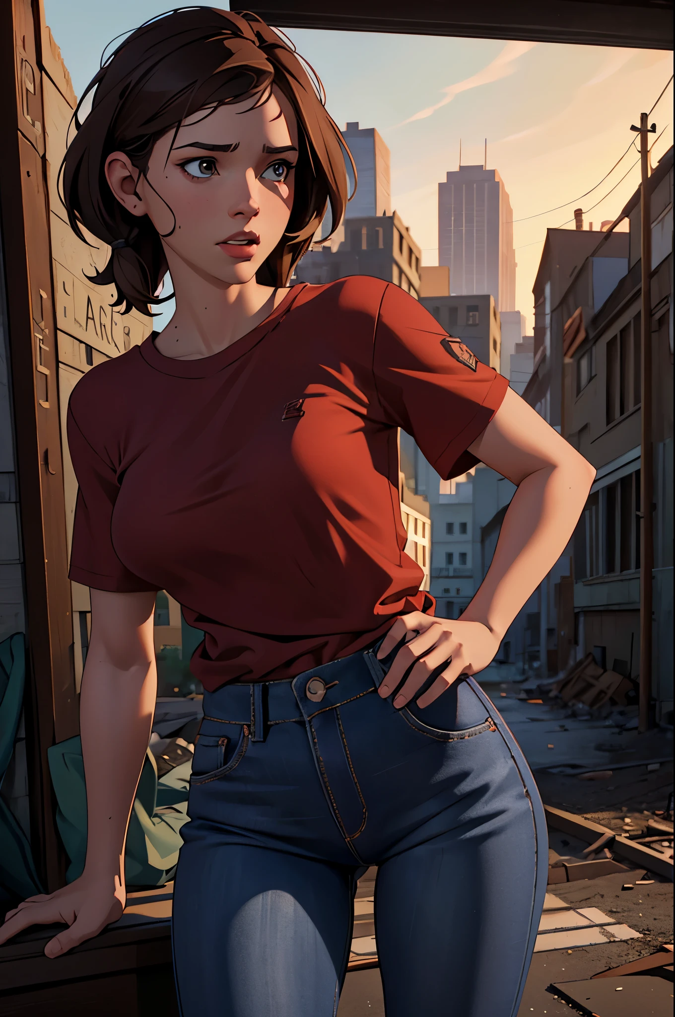 NSFW, obra maestra 1.4 Imagen superior 4K Ellie The Last Of Us Cabello castaño Camisa roja Pantalones azul oscuro Representación en una ciudad apocalíptica que muestra bragas Fondo de pantalla 4K ultra realista, EnvyBetterHands LoCon.