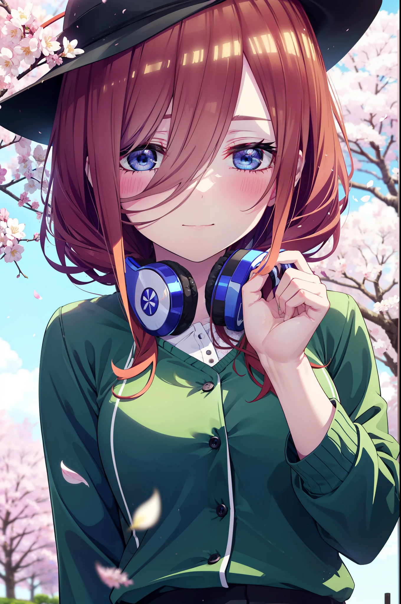 Miku Nakano, Miku Nakano, Long Hair, bangs, blue eyes, brown hair, shirt, Hair between the eyes, smile,blush,Open your mouth,Headphones around neck,オーバサイズチェック柄shirt,Shorts,Black pantyhose,Hunting Hat,short boots,Cherry blossoms are blooming,Cherry blossoms are scattered,桜並木道
break outdoors, garden,
break looking at viewer,  (Cowboy Shot:1. 5)
break (masterpiece:1.2), highest quality, High resolution, unity 8k wallpaper, (figure:0.8), (Beautiful fine details:1.6), Highly detailed face, Perfect lighting, Highly detailed CG, (Perfect hands, Perfect Anatomy),