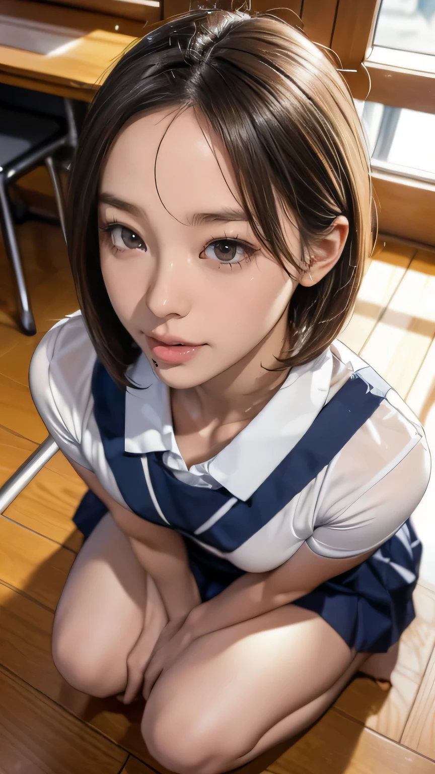 (Flying debris:1.2),(8K High Resolution), (highest quality), (RAW Image Quality), (reality), (that&#39;Realistic:1.37), Big eye,Long eyelashes,that&#39;Exquisite（Live-action Realistic style）,The ultimate face,Realistic光と影,Distinct facial features,Milky skin, Skin with attention to detail,Realistic skin details,Visible pores,（Very detailed）,(short hair),best portrait,((Photo taken from a distance, from the front)), Only one girl, Cute type,fine and beautiful eye, Beautiful and detailed nose, Very detailedな肌) ,(Beautiful face with double eyelids), (realism: 1.4),Great details, Ultra-high resolution,,,Delicate and beautiful face,,Age 25,(Beautiful Face 1.4),thin,,((School classroom)),, ((Wear a uniform&#39;Wearing a uniform and making eye contact with the audience)),Wear a uniform, Very beautiful legs,((Crouching in front of the viewer))),squat with your legs slightly open,The classroom floor is white,Crouching in front of the viewer,((Crouching in front of the viewer)), ((15-year-old girl, slim, Thin waist, Thin thighs, thin arms, smile)), (((Look up, (View from above:1.2), Semen On , Penis Facial,  ((Sticking out tongue, Open your mouth)), close ~ eye))), (Wet Face, Wet Hair)