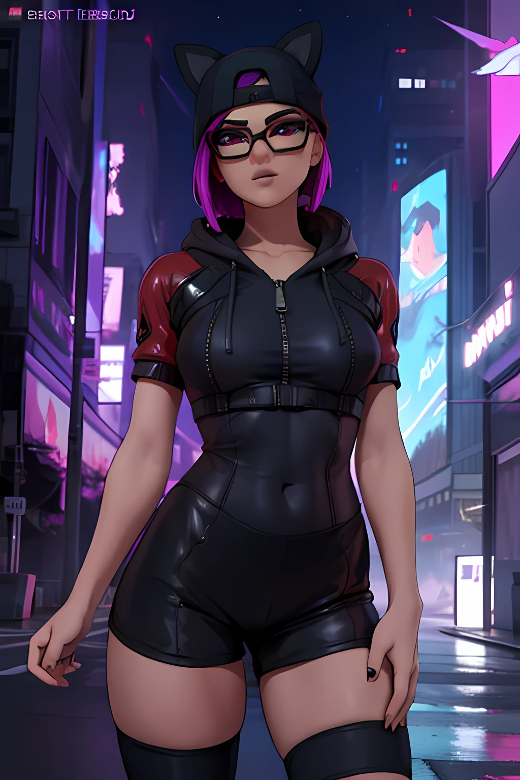 Cyberpunk linen suit, evening,winter hat , black shorts with blue black leggings ,white jacket or ,extremely detailed, Detailed face, glasses ,beautiful face, fine eyes, looking at the viewer, feminine pose.