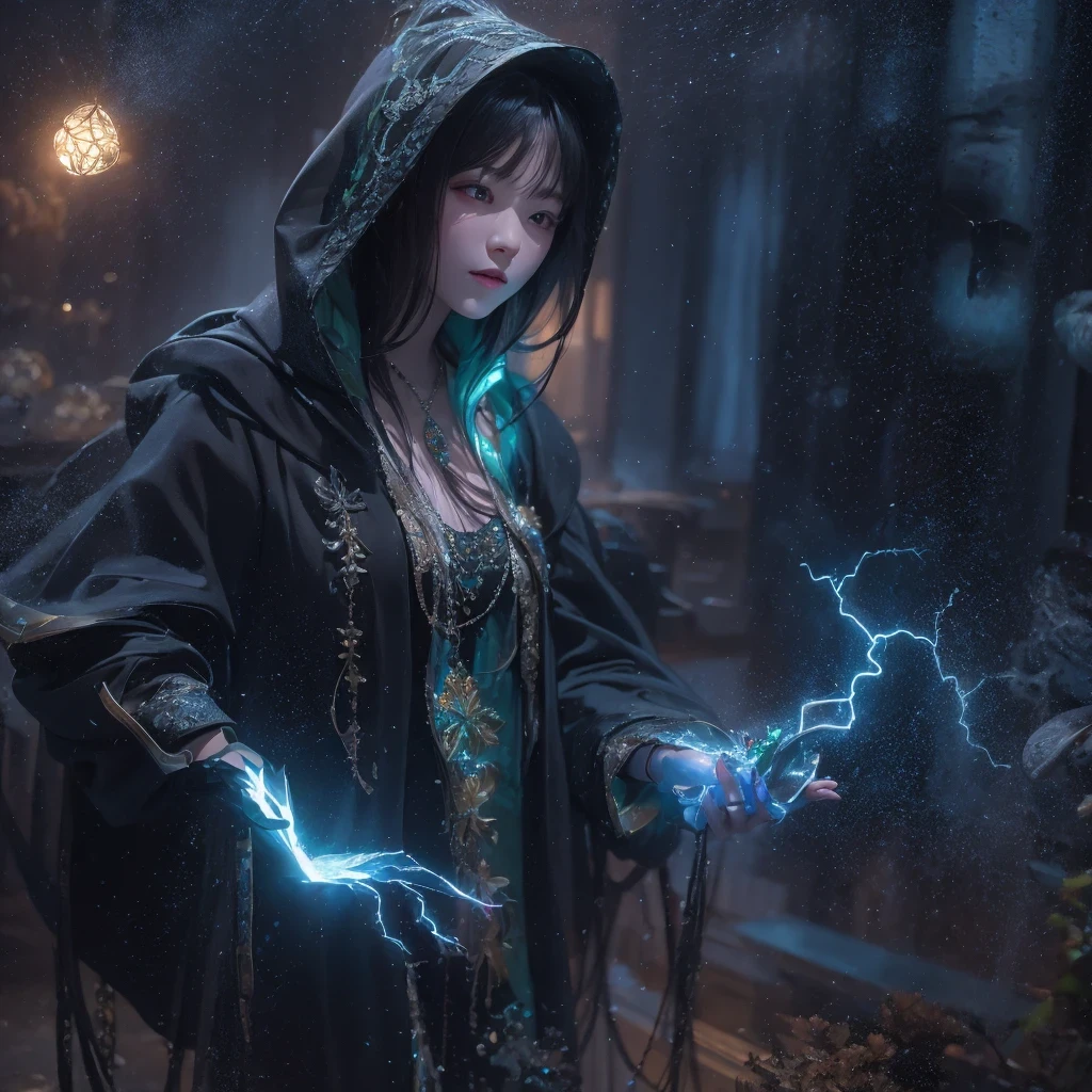 Asian fairy wearing silk hooded and glowing gloves，Lateral face，A collarless coat，Lightning hands，sunglasses，Cyberpunk smoke，（（（nmasterpiece））），（（（Side view））（Ultra-detailded）（illustration）（Detailed lighting）（（Telephoto Tilt-Shift））（nmasterpiece）（sunny day background）（Ultra-detailded）（photorealestic），（Detailed light），（（an extremely delicate and beautiful one），（（faerie）），（（lightning in hand）），Lightning surrounds the fairy，（（lightning chain）），Suspended crystals，There is lightning inside the crystal，