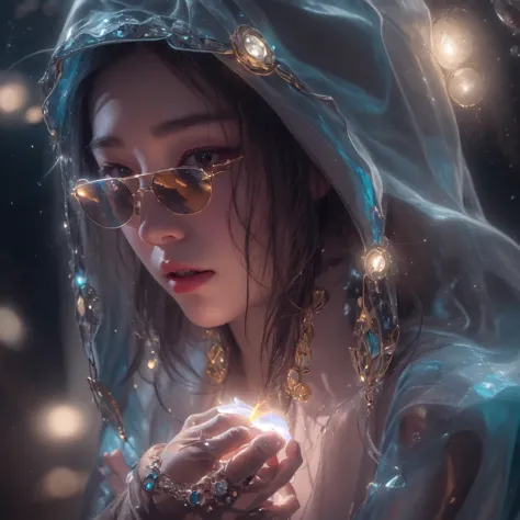 Asian fairy wearing silk hooded and glowing gloves，Lateral face，A collarless coat，Lightning hands，sunglasses，Cyberpunk smoke，（（（...