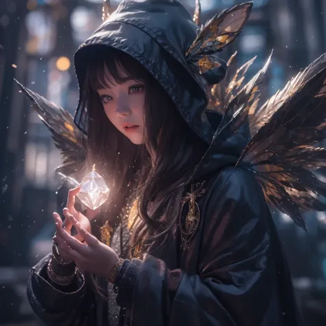 asian fairy wearing silk hooded and glowing gloves，lateral face，a collarless coat，lightning hands，sunglasses，cyberpunk smoke，（（（...