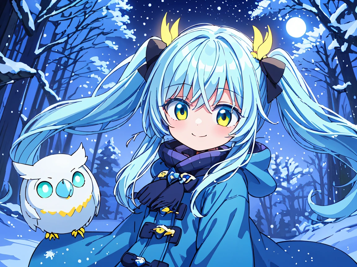 Que&#39;Il&#39;il neige((Quelques photos)).dans le froid, forêt d&#39;hiver venteuse　Que&#39;Il&#39;il neige　Beautiful girl wIlh long light blue hair　Queues jumelles　Sourire adorable　Doudoune chaude jaune et verte　Un grand hibou veille sur la jeune fille　Beautiful MoonlIl Night　Les étoiles scintillent