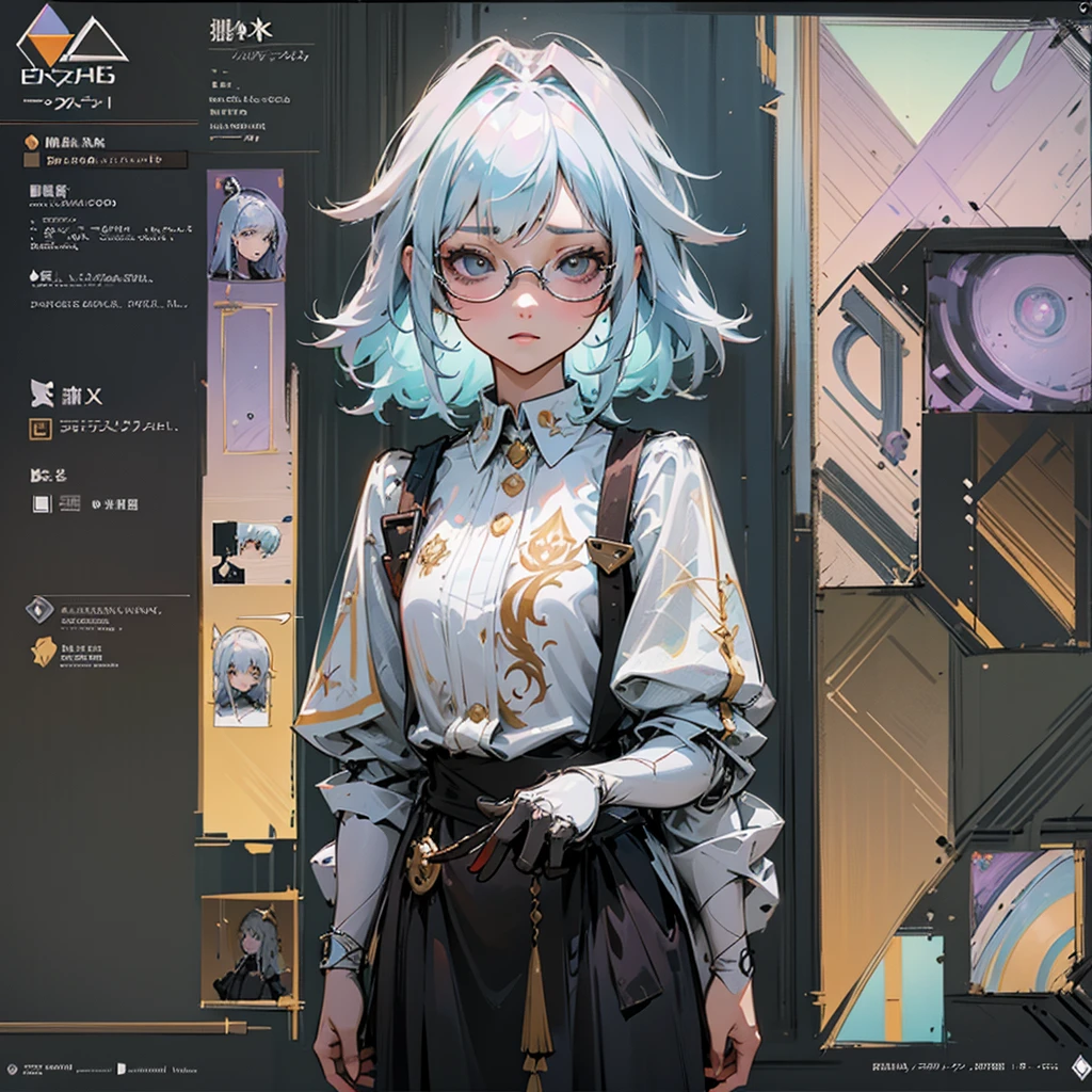 A character sheet, a sketch of a DND character, a vector semi realistic style with clear prism lines, an inventor girl with big glasses and robotic hands, her hair is a mess, stunning detail, a complex design of many contrasting elements, grotesque, lamination, many details, prism colors