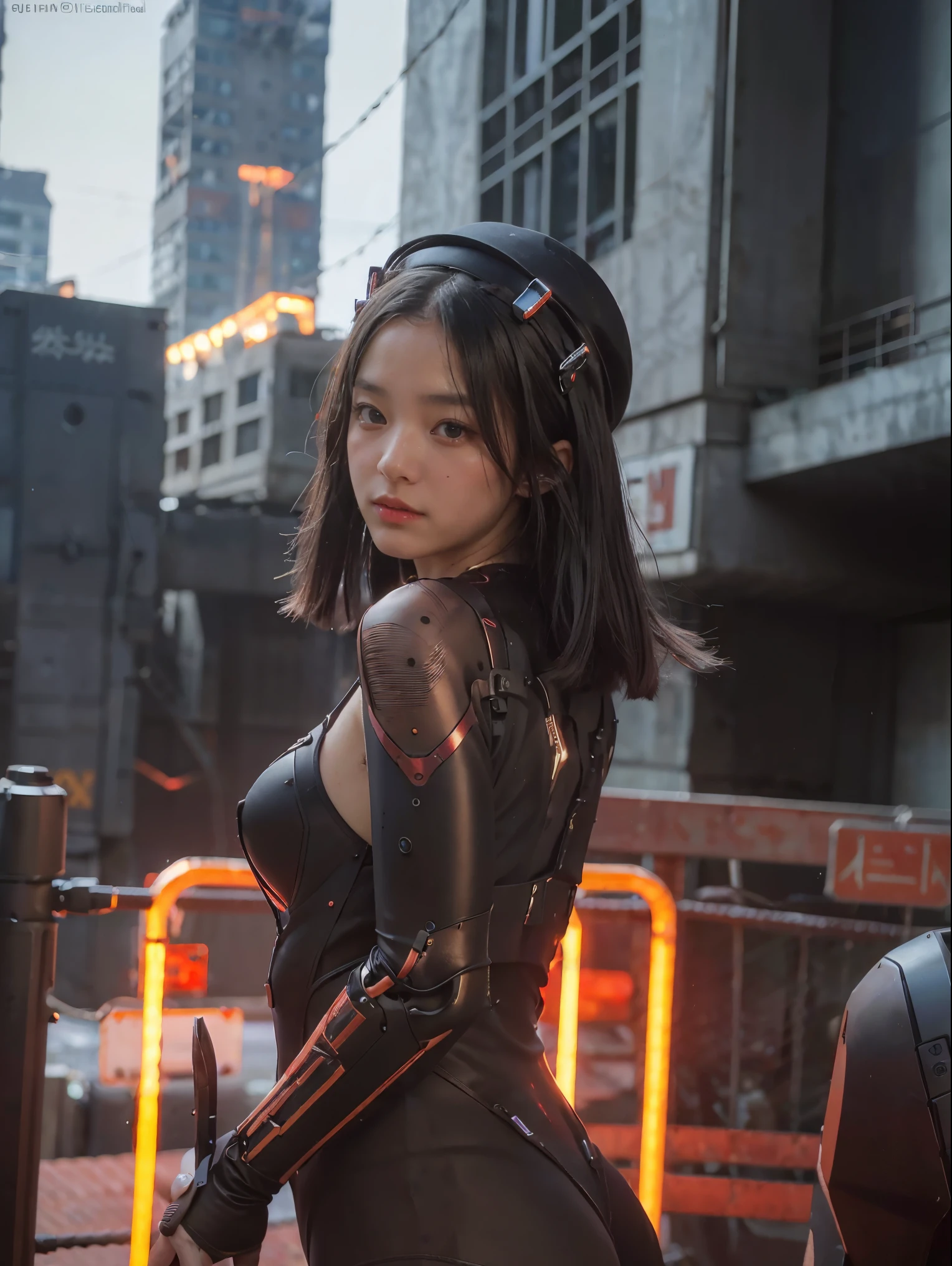 （Part of the skin is a computer）、top-quality、​masterpiece、超A high resolution、(With a futuristic machine gun、holding knive),（Wearing a futuristic hat）、(Photorealsitic:1.4)、Raw photo、1 girl、Black hair、glowy skin、((1 Mechanical Girl))、((super realistic details))、portlate、（Mystical expression）、（Has a huge rocket launcher）、explosions、Particles of light、（Small LED lamp）、Wire tubes that glow all over the body、(With state-of-the-art weapons),globalillumination、Shadow、octan render、8K、Armpit、ultrasharp、Colossal 、Small LED lamp、Raw skin is exposed in cleavage、metals、blood vessels connected to tubes、With weapons、Red bodysuit、Armpit、Cyberpunk city background、Details of complex ornaments、Japan details、highly intricate detail、Realistic light、CGSoation Trends、Blue eyes、radiant eyes、Facing the camera、neon details、（Tattoo numbers on the face）、Mechanical limbs、blood vessels connected to tubeechanical vertebrae attached to the back、mechanical cervical attaching to neck、Wires and cables connecting to the head、Gundam、Small LED lamp、Toostock、Toostock、Futuristic machine gun、Knives、(Red Metallic Bodysuit),