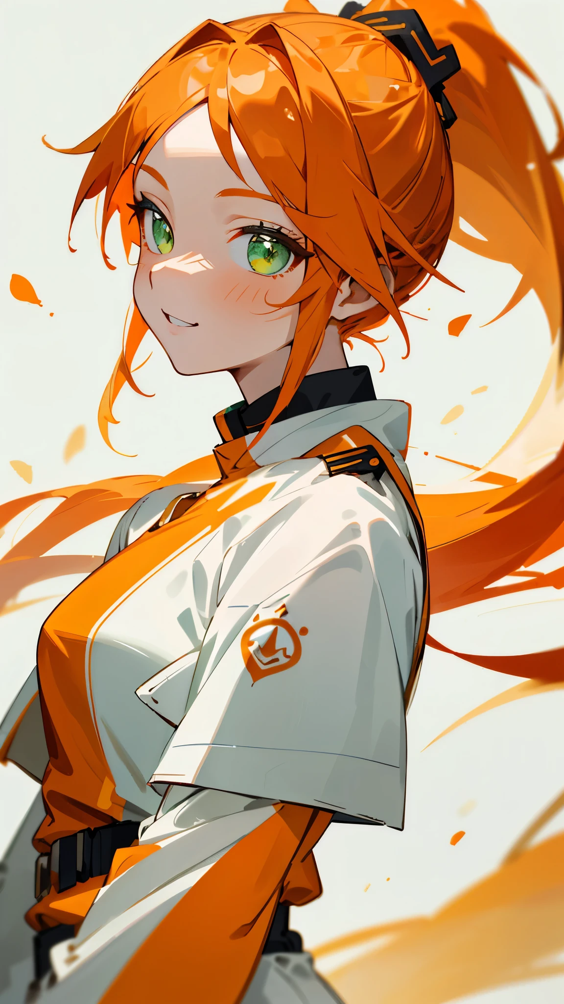 1 Girl、Orange-themed clothing、Orange Hair、ponytail、beautiful green eyes、A look of intense joy on one&#39;s face、From the side、white uniform with golden decorations、Upper body close-up