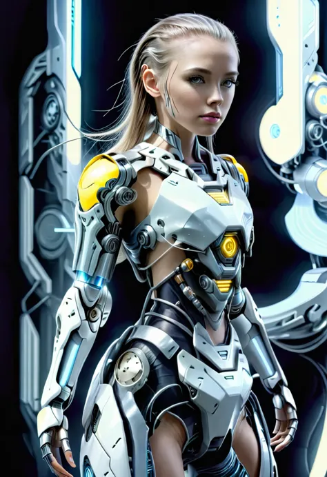 Bio mechanical cyborg girl, full body view, 