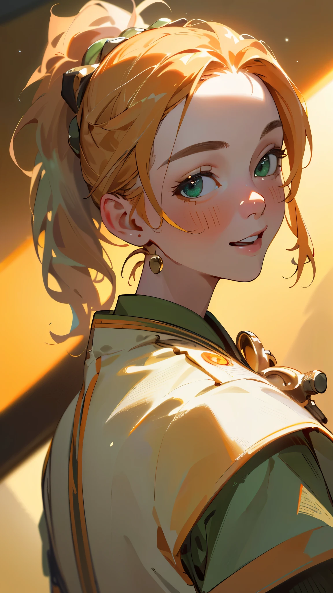 (best quality,4k,8k,highres,masterpiece:1.2),ultra-detailed,(realistic,photorealistic,photo-realistic:1.37),portrait,orange-themed outfit,ponytail,beautiful green eyes,joyful expression,strongly detailed face,side view,white uniform with gold embellishments,close-up on upper body.