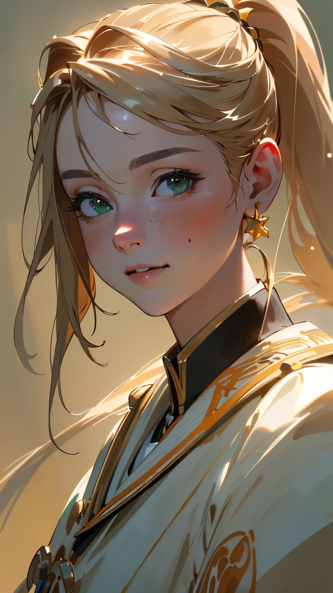 (best quality,4k,8k,highres,masterpiece:1.2),ultra-detailed,(realistic,photorealistic,photo-realistic:1.37),portrait,orange-themed outfit,ponytail,beautiful green eyes,joyful expression,strongly detailed face,side view,white uniform with gold embellishments,close-up on upper body.