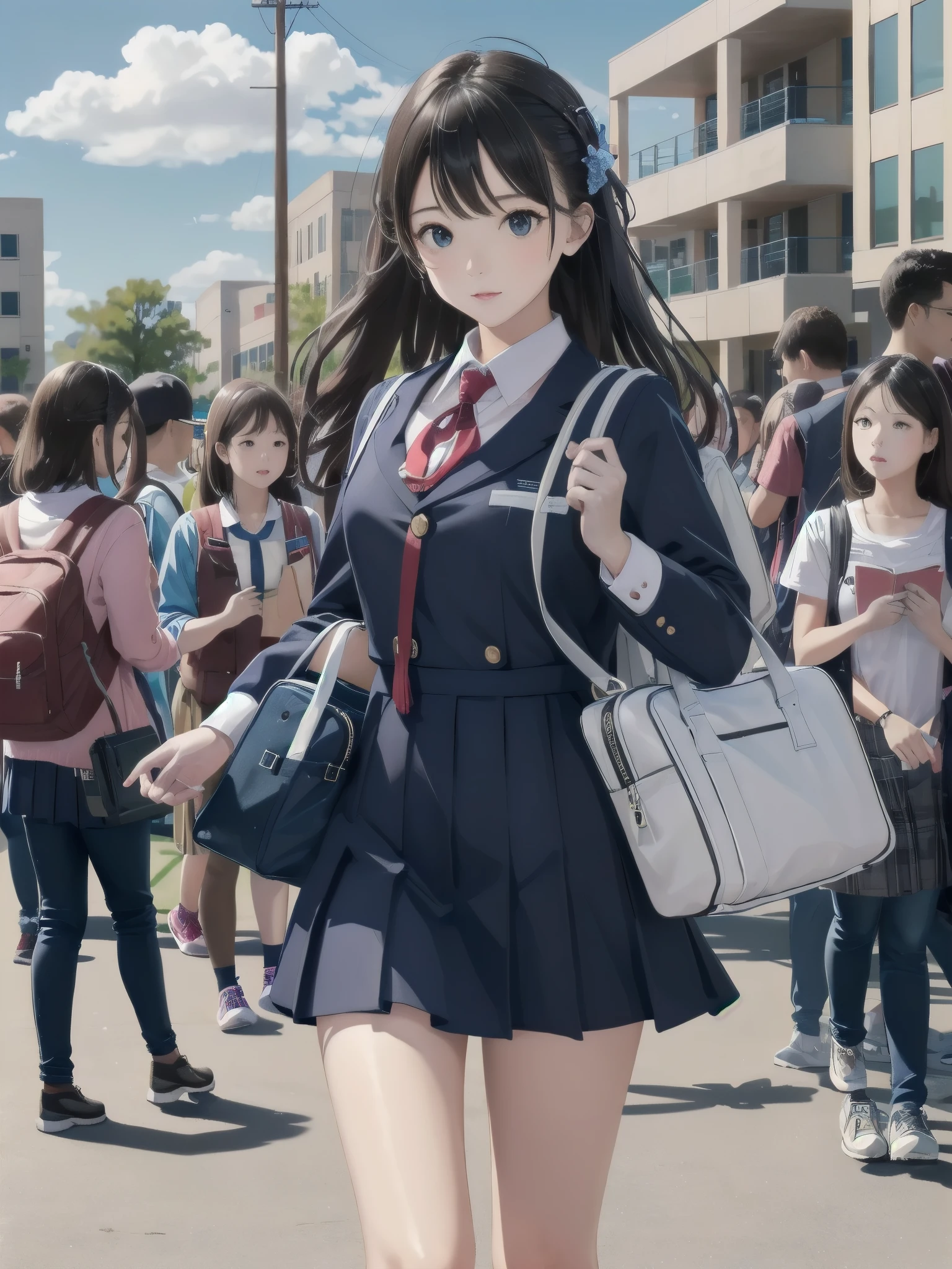 One girl, spring, high school, , warm colours, schoolbag, accurate and very detailed background, crowd of schoolgirls in uniform with various body shapes and hairstyles, cute.
