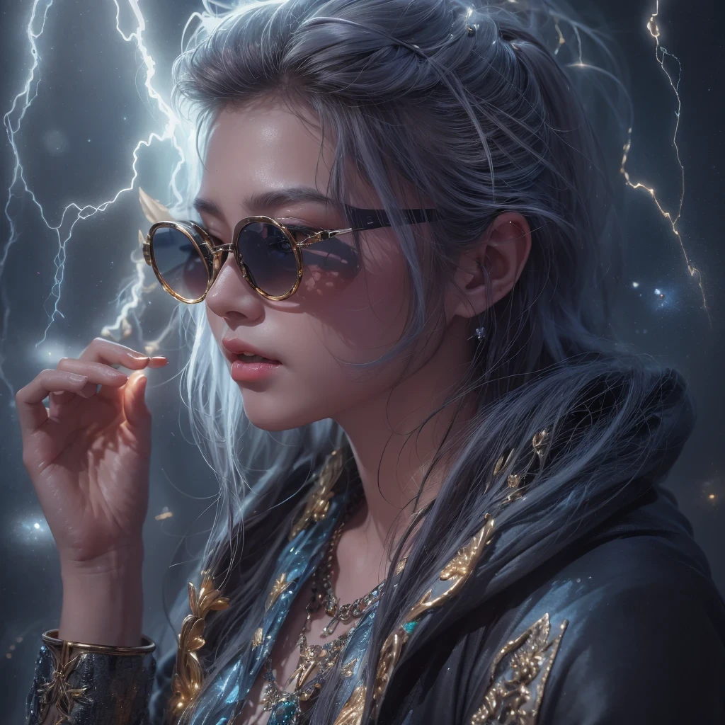 Beautiful hairstyle，Realistic eyes，Beautiful detailed eyes，（Realistic skin），Beautiful Skin，（sweater），ridiculous，enticing，Ultra-high resolution，Ultra-realistic，Very detailed，Golden Ratio，Asian fairy wearing silk hooded and glowing gloves，Lateral face，A collarless coat，Lightning hands，sunglasses，Cyberpunk smoke，（（（nmasterpiece））），（（（Side view））（Ultra-detailded）（illustration）（Detailed lighting）（（Telephoto Tilt-Shift））（nmasterpiece）（sunny day background）（Ultra-detailded）（photorealestic），（Detailed light），（（an extremely delicate and beautiful one），（（faerie）），（（lightning in hand）），Lightning surrounds the fairy，（（lightning chain）），Suspended crystals，There is lightning inside the crystal，