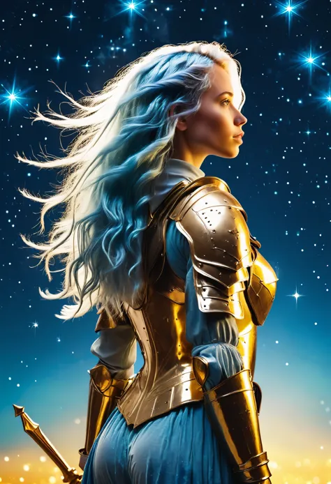 a stylized young caucasian woman warrior ((silhouette)) formed by bright stars. with straight long light blue messy hair. mediev...