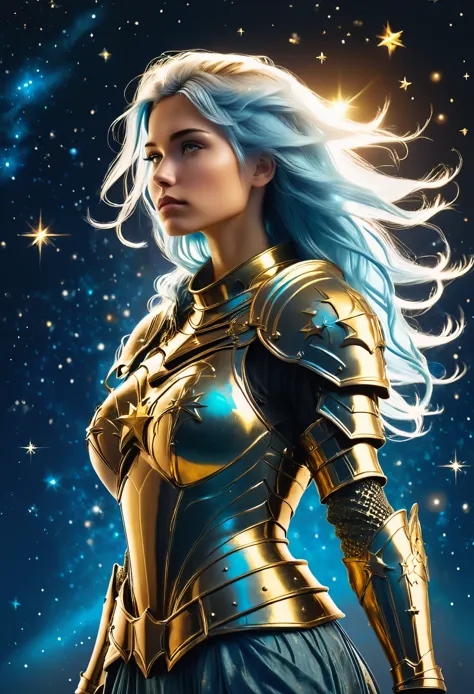 a stylized young caucasian woman warrior ((silhouette)) formed by bright stars. with straight long light blue messy hair. mediev...