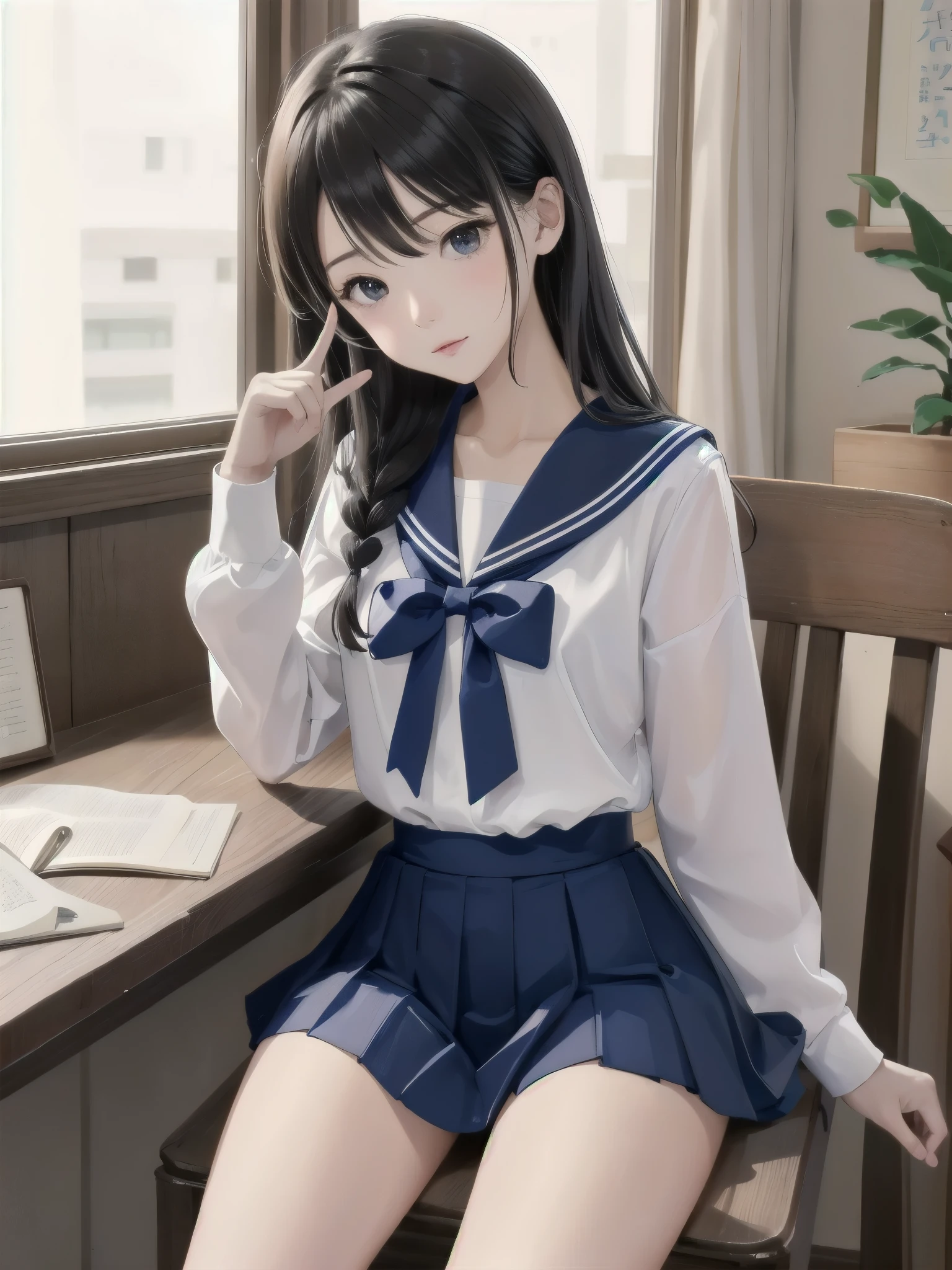 there is a young girl in a sailor suit sitting on a chair, seifuku, shikamimi, chiho, with index finger, sakimichan, iwakura lain, close up iwakura lain, shiori teshirogi, kotegawa yui, sailor uniform, narumi kakinouchi, jk uniform