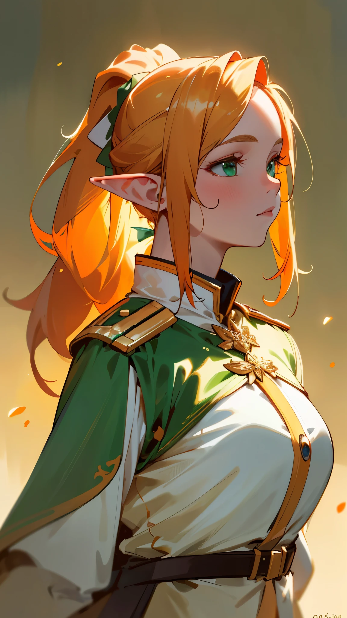 (best quality,4k,highres,masterpiece:1.2),ultra-detailed,realistic,portrait,orange-themed outfit,golden hair,ponytail,elf-like long ears,beautiful green eyes with strong joy,side view,white uniform adorned with golden decorations,close-up of the upper body