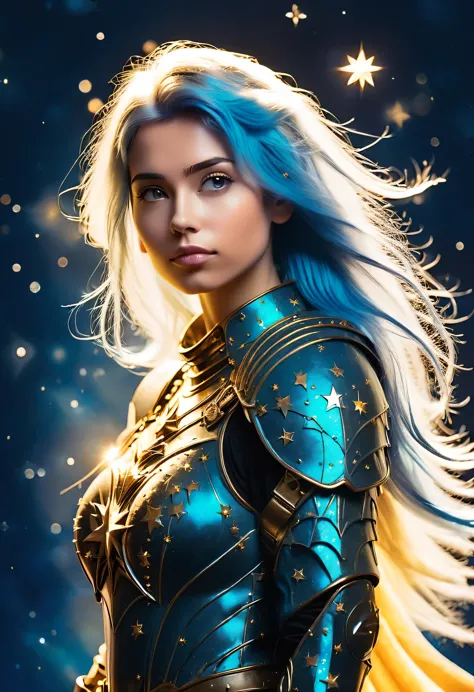 a stylized young caucasian woman warrior ((silhouette)) formed by bright stars. with straight long light blue messy hair. straig...