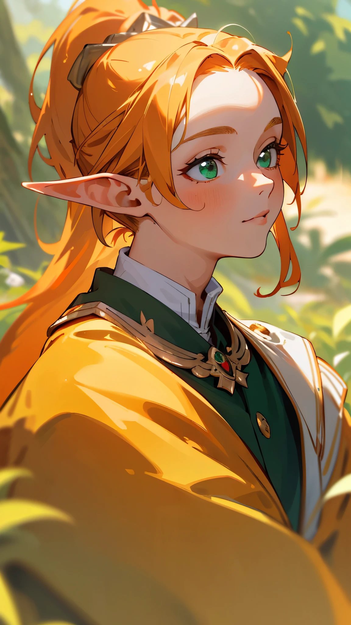 (best quality,4k,highres,masterpiece:1.2),ultra-detailed,realistic,portrait,orange-themed outfit,golden hair,ponytail,elf-like long ears,beautiful green eyes with strong joy,side view,white uniform adorned with golden decorations,close-up of the upper body