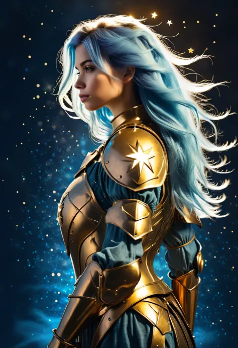 a stylized young caucasian woman warrior ((silhouette)) formed by bright stars. with straight long light blue messy hair. straig...