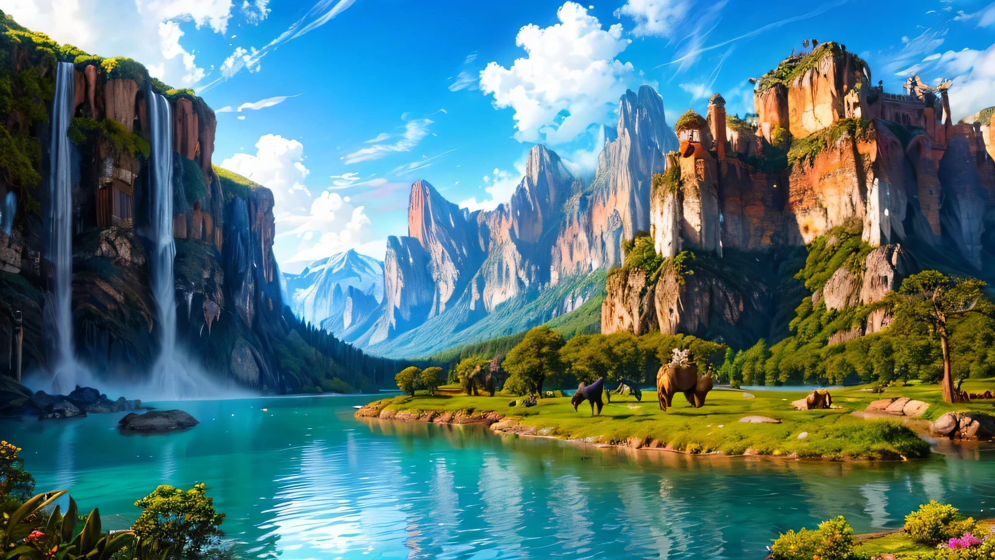 Vast and beautiful isekai world, filled with lush greenery and radiant skies, where the sun sets behind towering mountains, casting long shadows over the enchanted land. (Exotic creatures roam freely,) (The landscape is a breathtaking, colorful tableau,) (Detailed, intricate structures of ancient civilizations,) (Lost in its magic,) (Awe-inspiring, surreal sights abound,) (Majestic, mystical elementals,) (Serene, tranquil waters reflect the splendor) (Adventure awaits in this wondrous realm,) (Vibrant and full of life,)