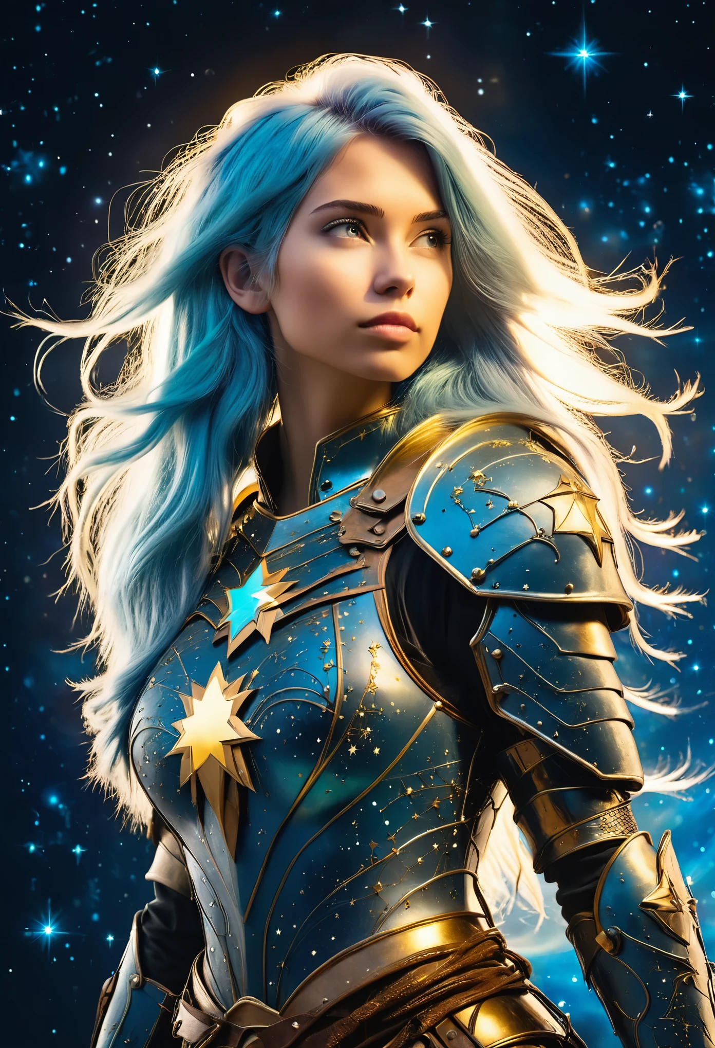 一個程式化的年輕白人女戰士 ((輪廓)) 由明亮的星星組成. 淺藍色凌亂長直髮. 直髮. 中世紀金色複雜盔甲. 宇宙背景.