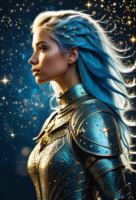 a stylized young caucasian woman warrior ((silhouette)) formed by bright stars. with straight long light blue messy hair. straig...