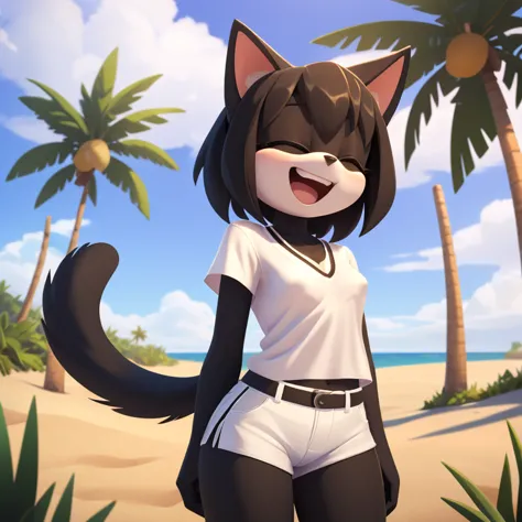 mobian cat, black fur, short hair, black hair, beach, female, 1girl, portrait, laughing, closed eyes, palm tree, grass, sand, st...